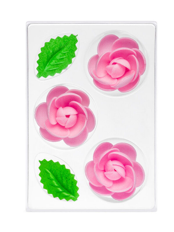 Trandafir din napolitana mic roz O-1303 PJT, set 3 flori 55 mm si 6 frunze