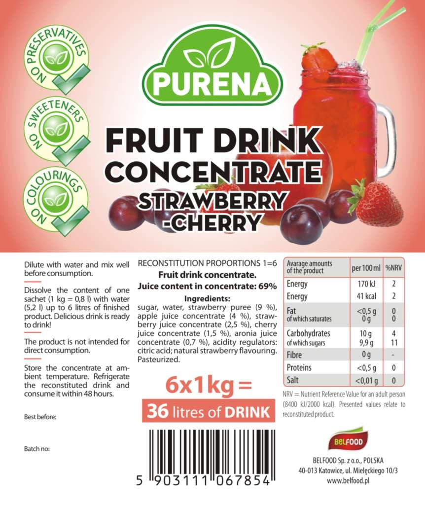 Concentrat de suc de căpșuni-vișine 340 g Purena
