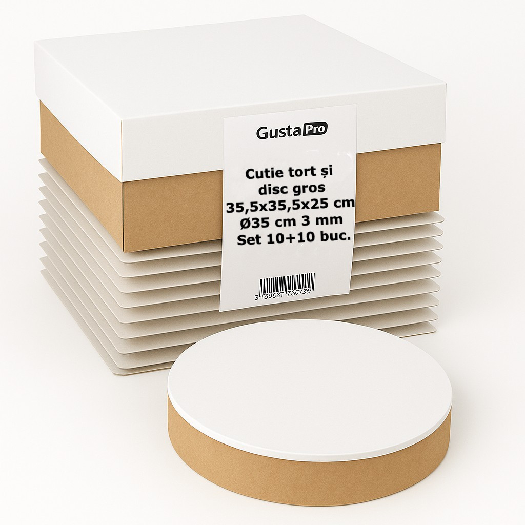 Cutie pentru tort rigida 35x35x25 cm cu Disc gros tort 2 fete alb/kraft  Ø 35 cm 3 mm,  set 10+10buc. GustaPro