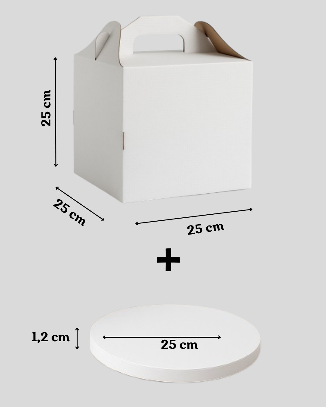 Cutie pentru tort rigida 25x25x25 cm cu Platforma tort rotunda alba Ø25,50xH 1,2 cm, set 10+10buc. GustaPro