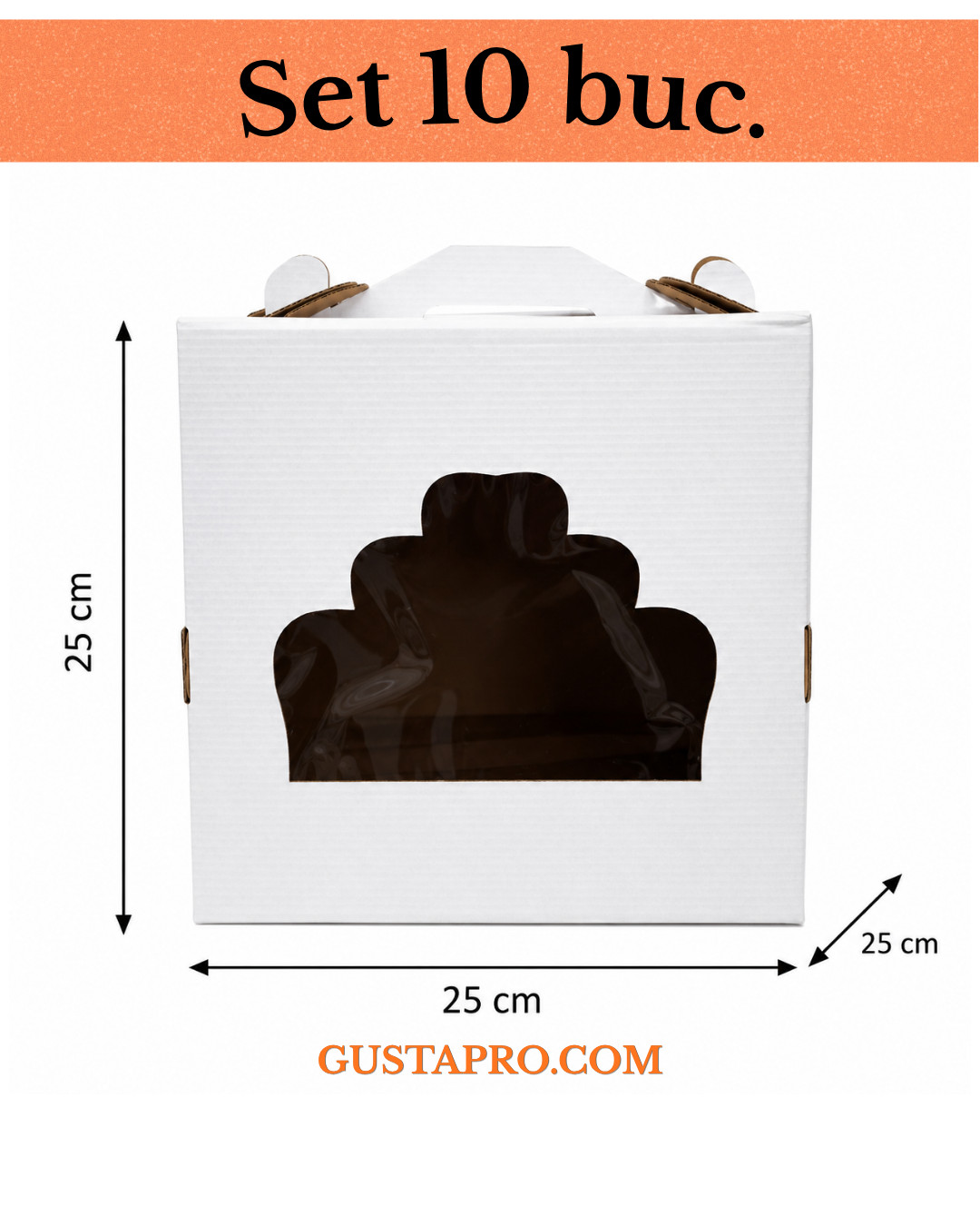 Cutie pentru tort alb/kraft cu fereastra 25x25x25 cm, set 10 buc GustaPro