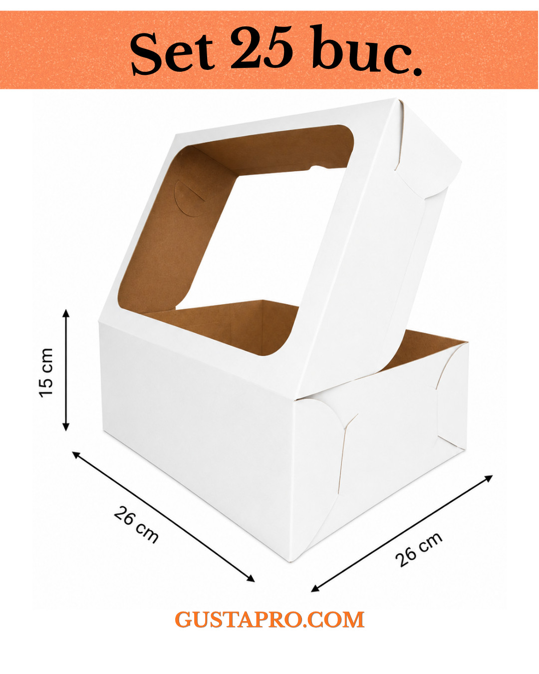 Cutie pentru tort alb/kraft 26x26x15cm cu fereastra, set 25buc. GustaPro