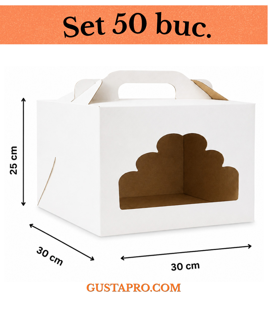 Cutie pentru tort alb/kraft cu fereastra 30x30x25 cm, set 50buc GustaPro