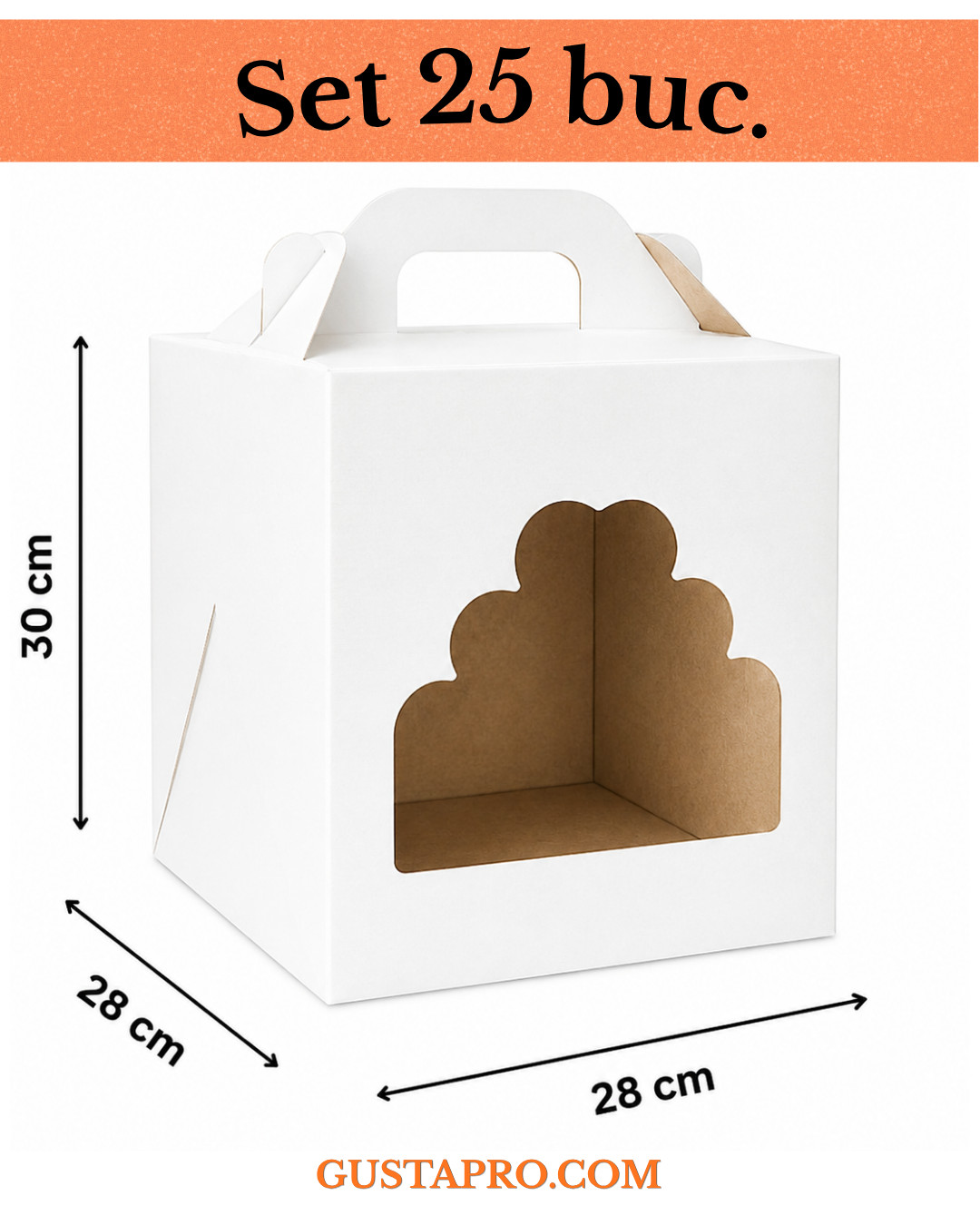 Cutie pentru tort rigida cu fereastra 28x28x30 cm set 25buc. GustaPro