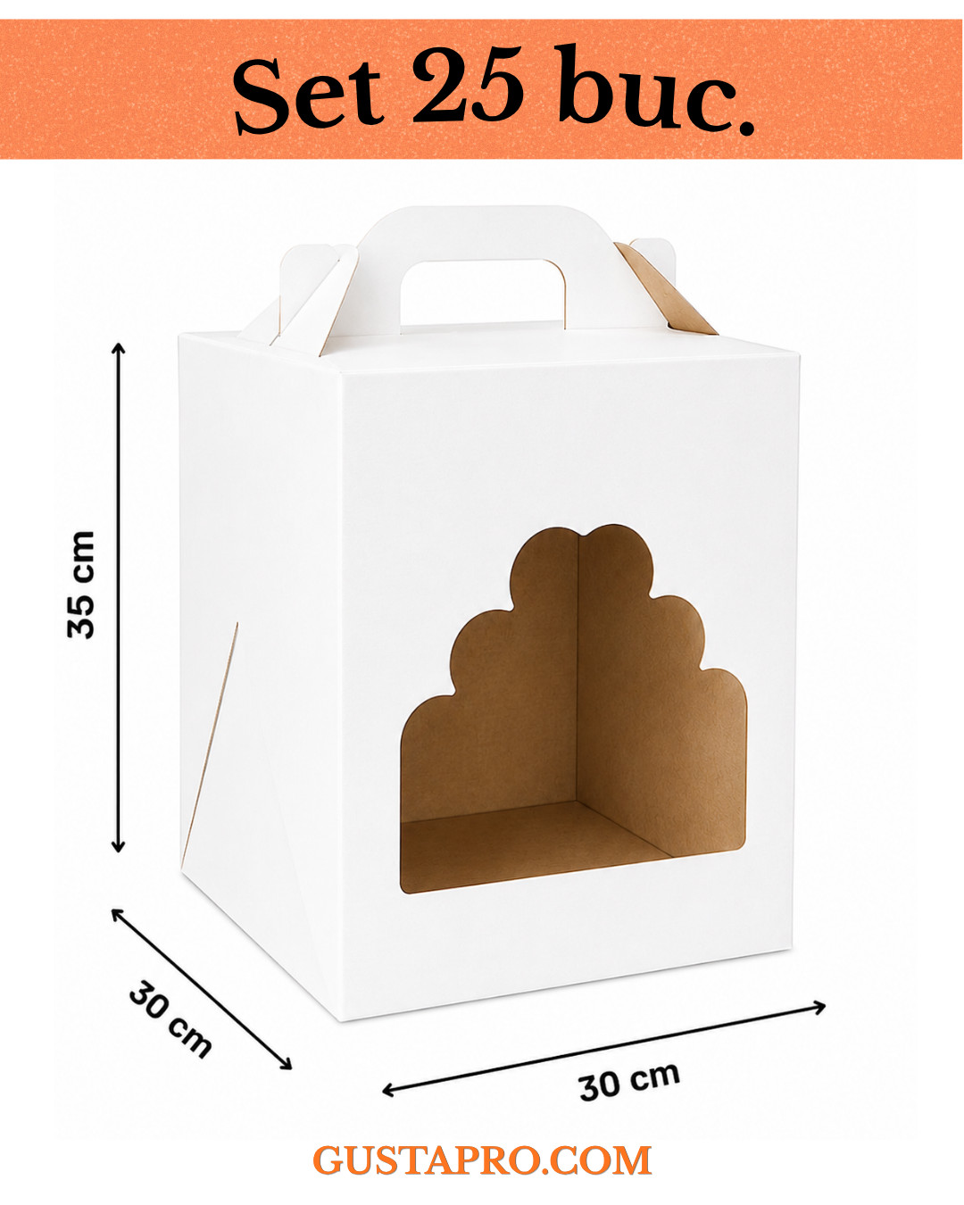 Cutie pentru tort alb/kraft cu fereastra 30x30x35cm, set 25 buc Gusta