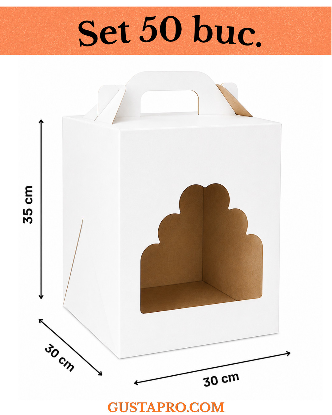 Cutie pentru tort alb/kraft 30x30x35 cm cu fereastra, set 50buc. GustaPro