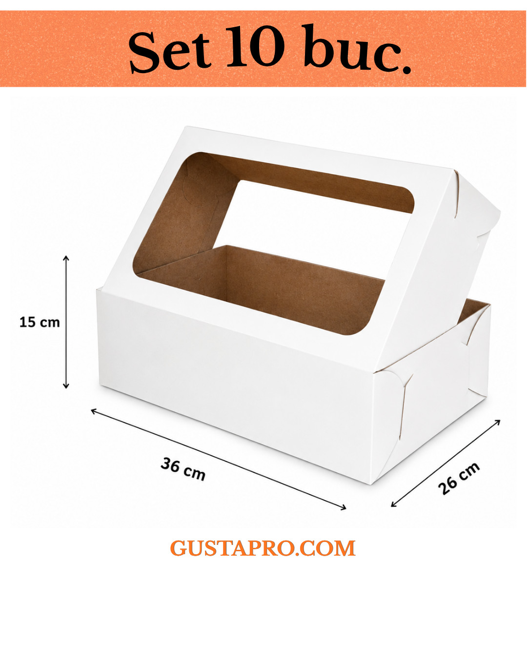 Cutie pentru tort alb/kraft 36x26x15cm cu fereastra, set 10buc. GustaPro