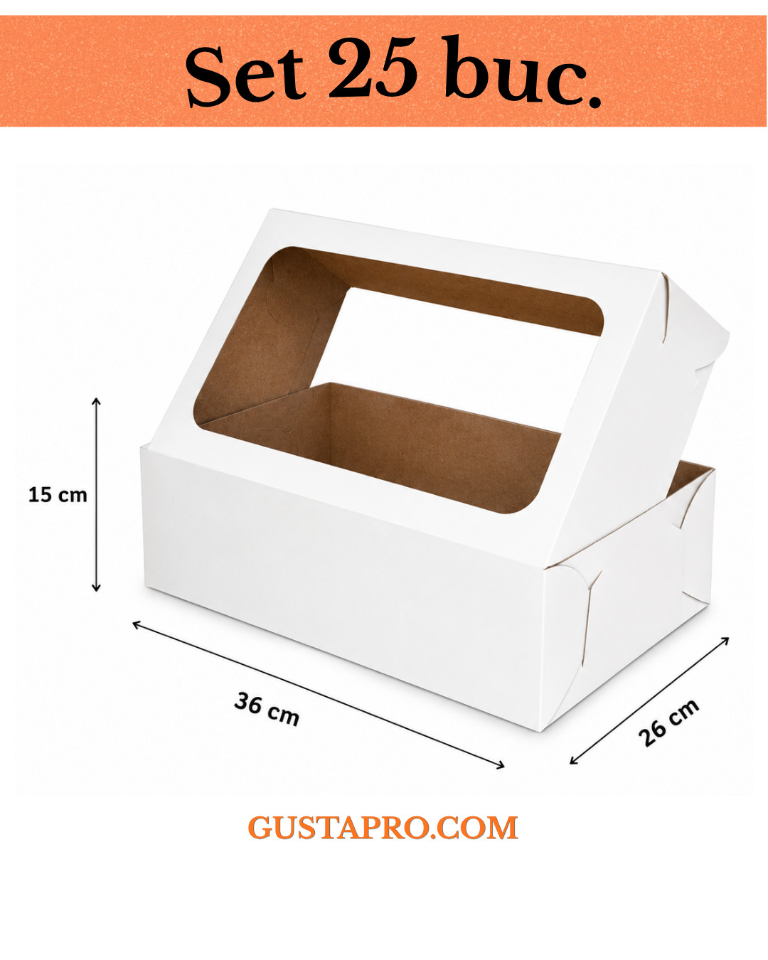 Cutie pentru tort alb/kraft 36x26x15cm cu fereastra, set 25buc. GustaPro