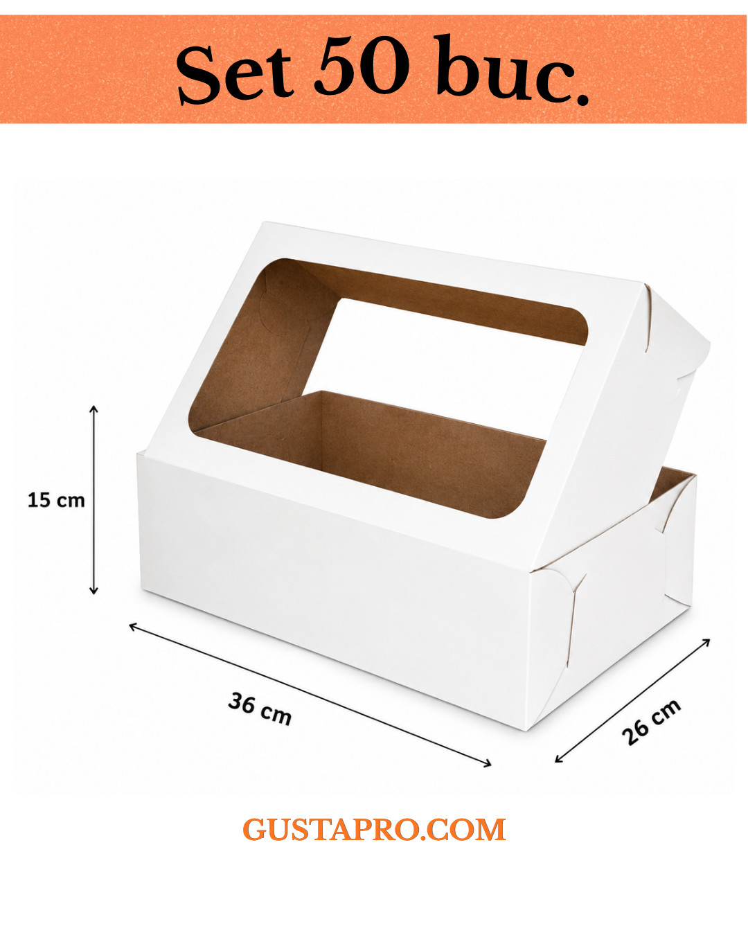 Cutie pentru tort alb/kraft 36x26x15cm cu fereastra, set 50buc. GustaPro