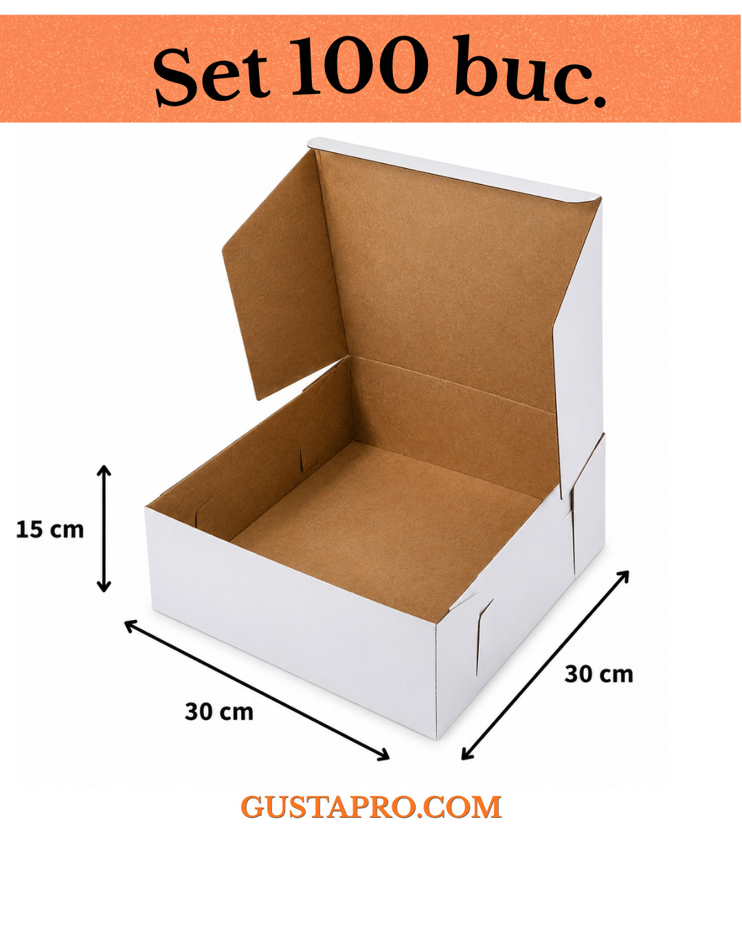 Cutie pentru tort alb/kraft 30,5x30,5x15 cm, set 100buc. GustaPro