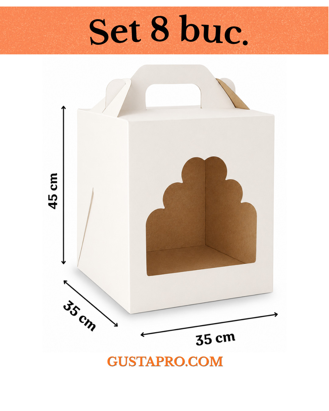 Cutie pentru tort alb/kraft 35x35x45 cm cu fereastra, set 8buc. GustaPro