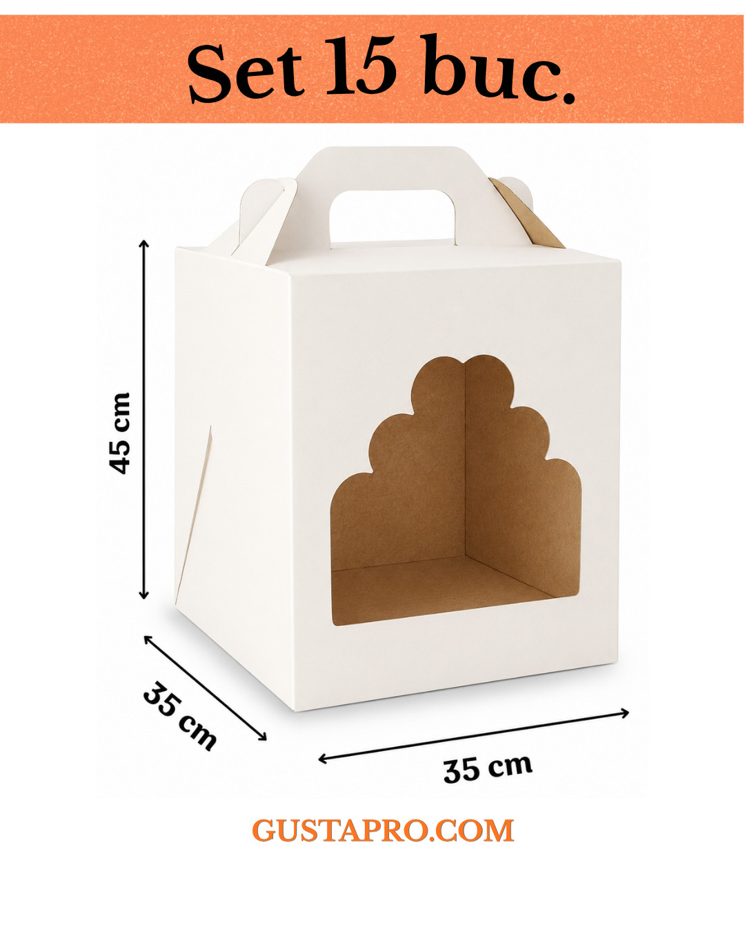 Cutie pentru tort alb/kraft 35x35x45 cm cu fereastra, set 15buc. GustaPro