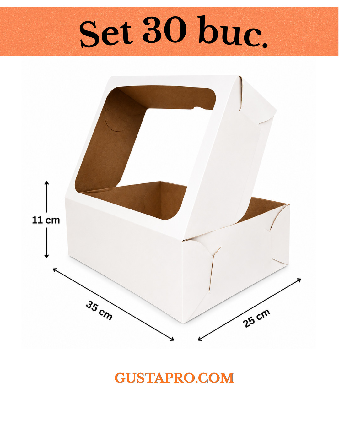 Cutie pentru tort rigida cu fereastra 35x25x11 cm, set 30buc. GustaPro