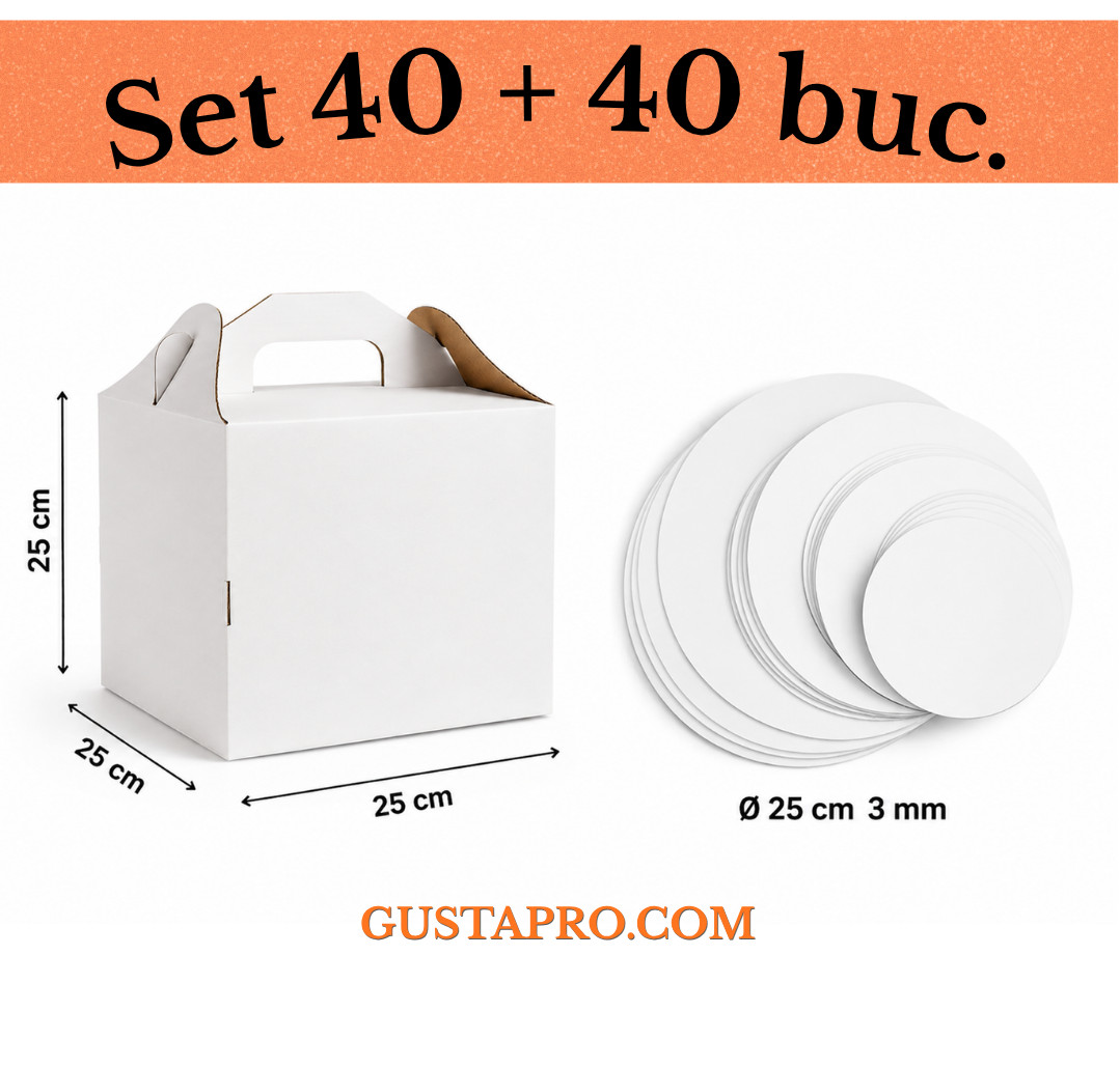 Cutie pentru tort rigida 25x25x25 cm cu Disc gros tort 2 fete ALB/KRAFT Ø 25 cm 3 mm, set 40+40buc. GustaPro