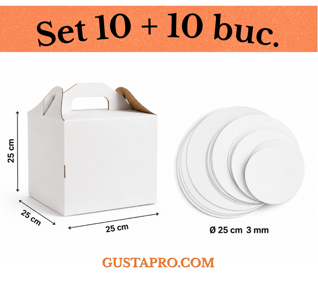 Cutie pentru tort rigida 25x25x25 cm cu Disc gros tort 2 fete ALB/KRAFT Ø 25 cm 3 mm, set 10+10buc. GustaPro