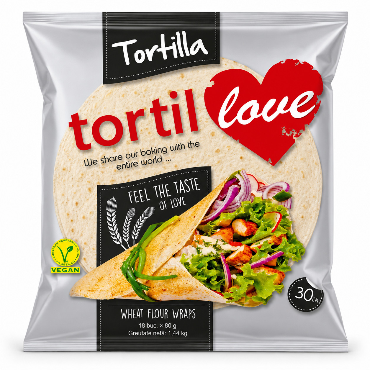 Tortilla din faina de grau 30cm, 80g, 18buc/punga Tortillove