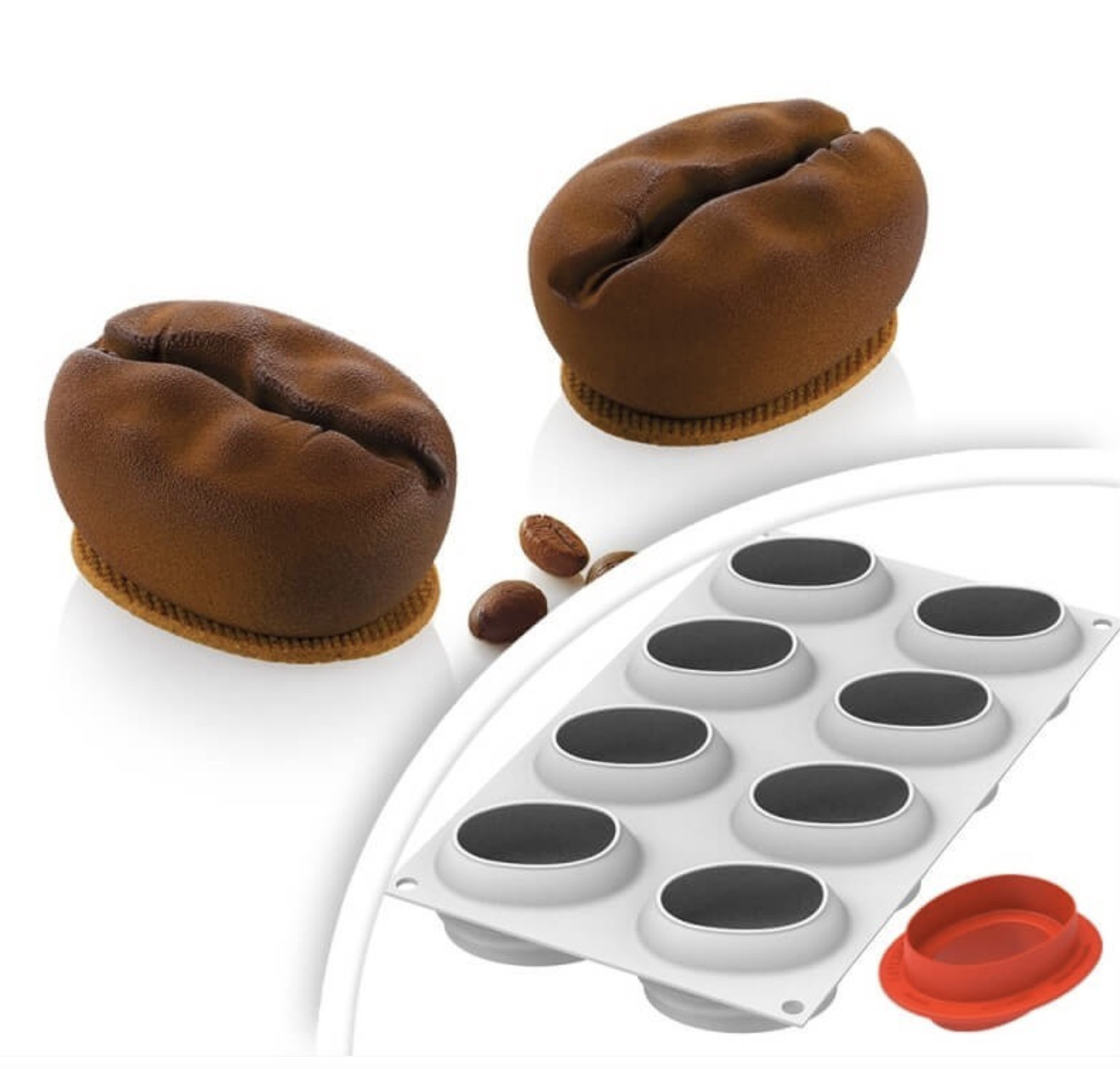 Forma silicon Boabe de cafea 8 cavitati + decupator, 5.8 x 7.8 x H 4 cm Silikomart