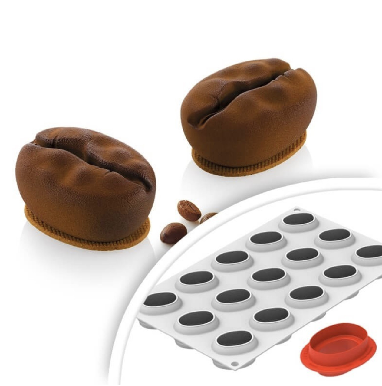 Forma silicon Boabe de cafea 15 cavitati + decupator, 5 x 3.8 x H 2.6 cm Silikomart
