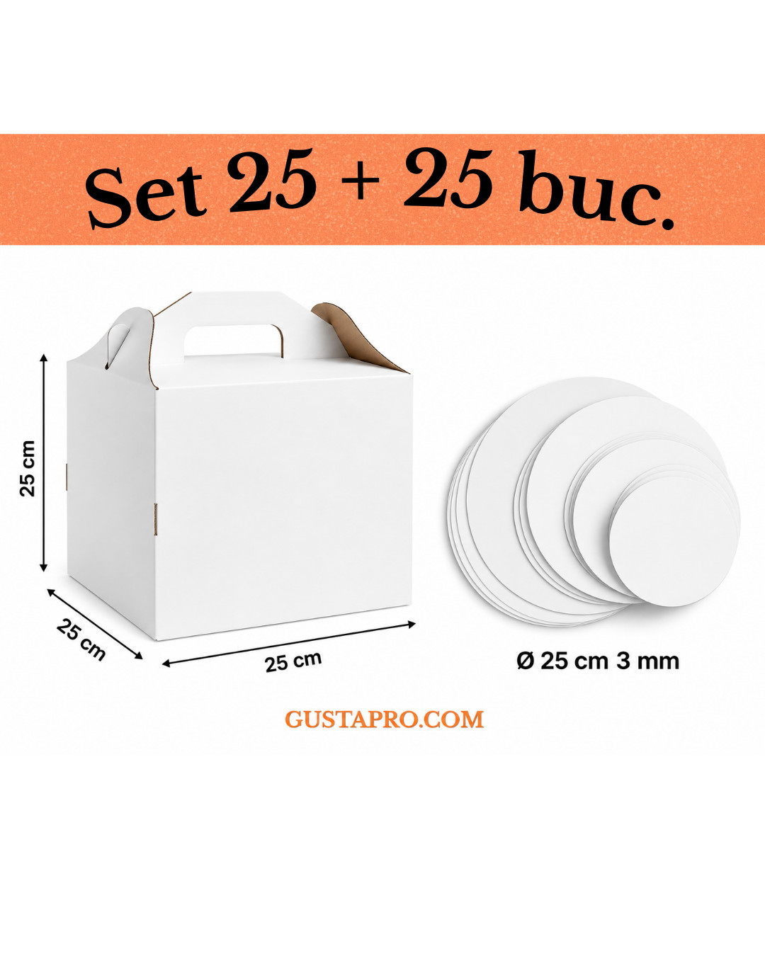 Cutie pentru tort alb/kraft 25x25x25 cm cu Disc gros tort 2 fete ALB/KRAFT Ø 25 cm 3 mm, set 25+25buc GustaPro