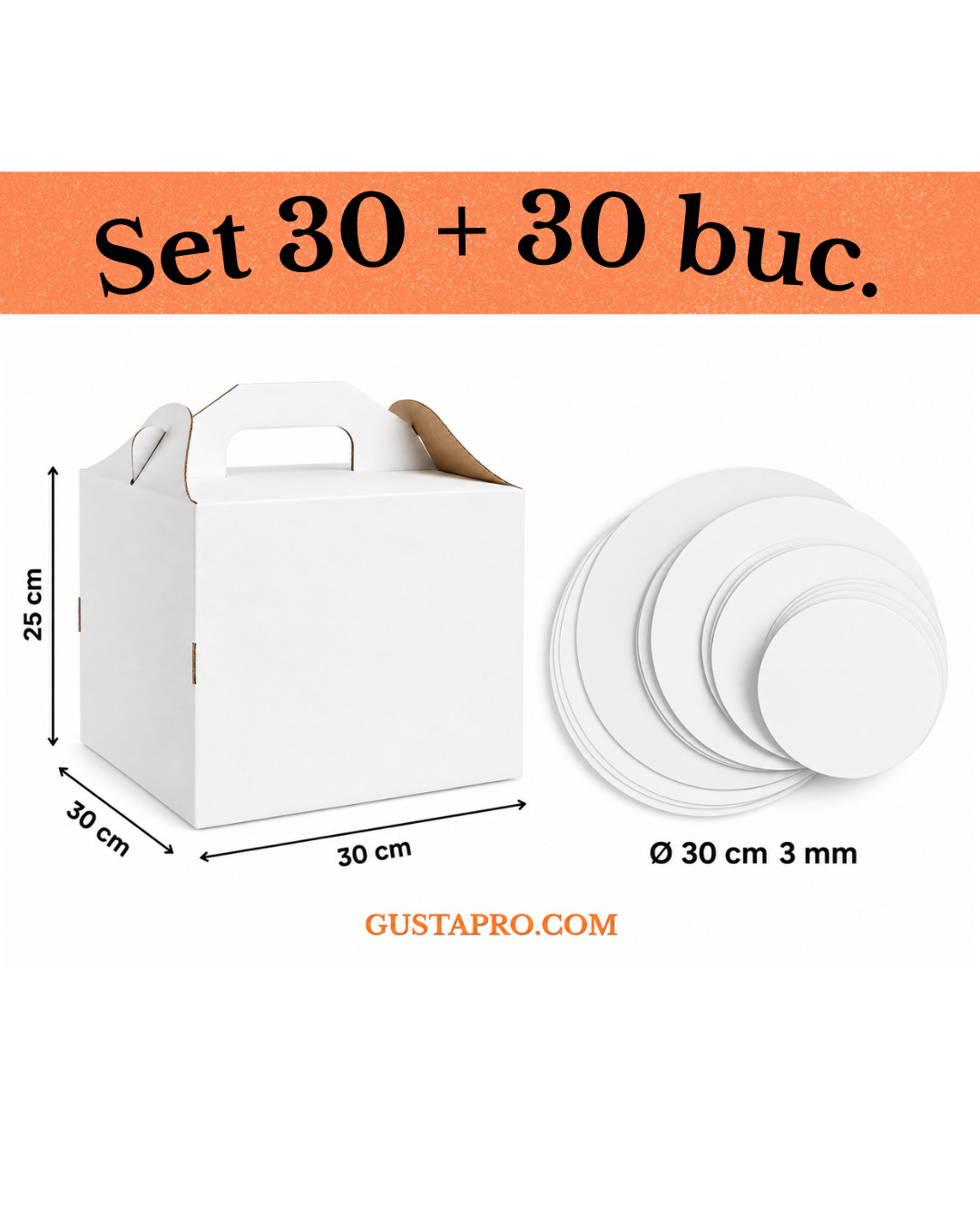 Cutie tort alb/kraft 30x30x25 cm cu maner cu Disc gros tort 2 fete ALB/KRAFT Ø 30 cm 3 mm, set 30+30buc GustaPro