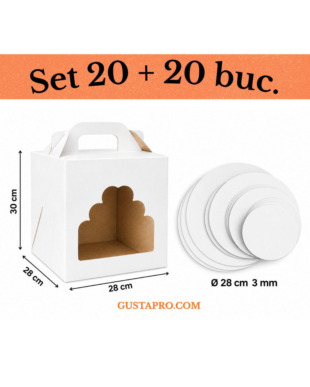 Cutie tort alb/kraft 28x28x30 cm cu fereastra cu Disc gros tort 2 fete ALB/KRAFT Ø 28 cm 3 mm, set 20+20buc GustaPro