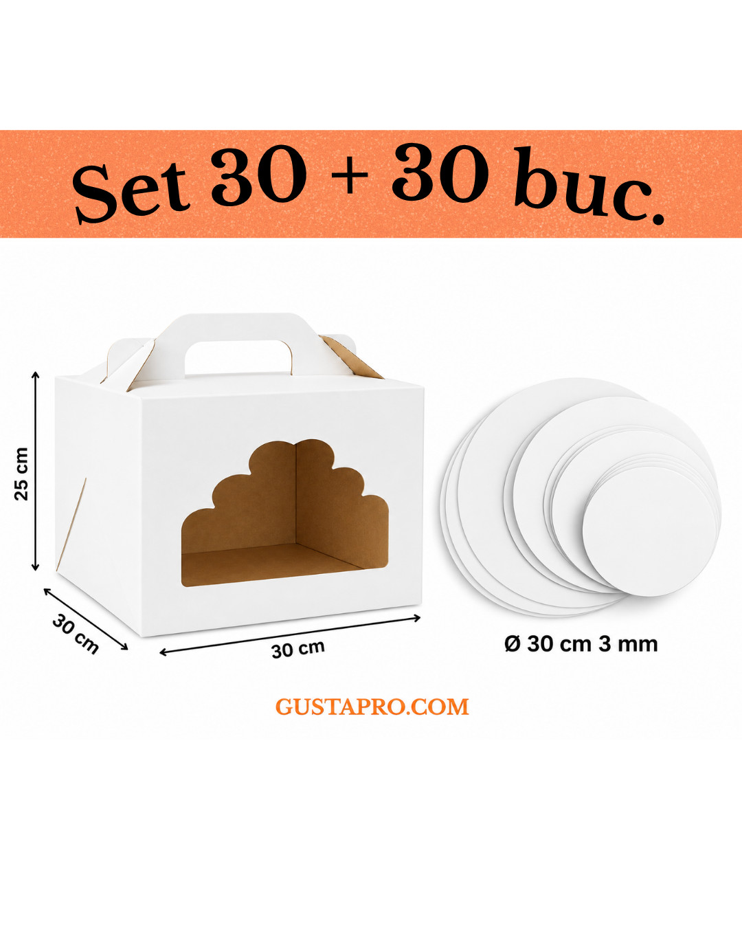 Cutie tort alb/kraft cu fereastra 30x30x25 cm cu Disc gros tort 2 fete ALB/KRAFT Ø 30 cm 3 mm, set 30+30buc GustaPro