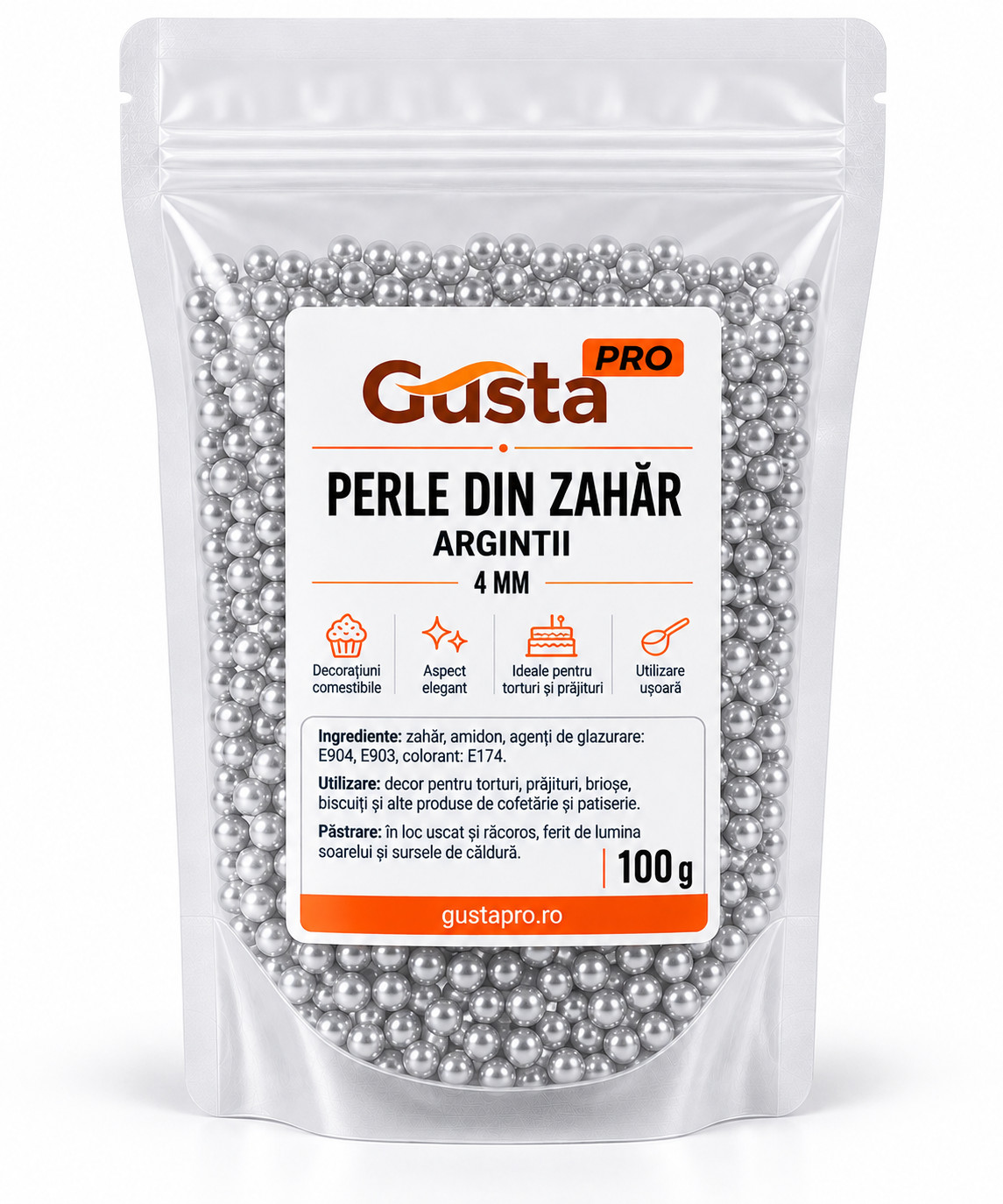Perle din zahar argintii, 4 mm, 100 g Gustapro