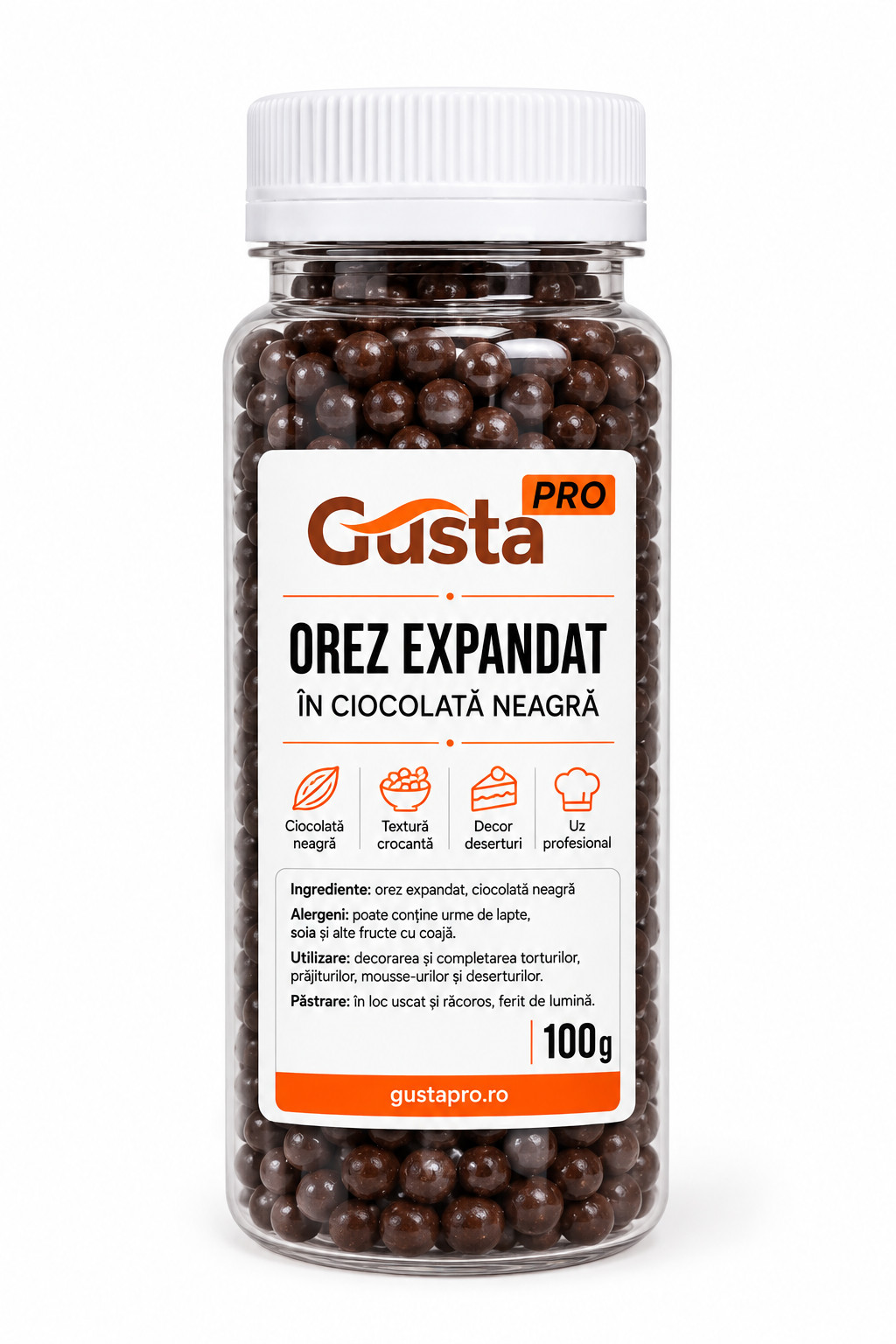Orez expandat in ciocolata neagra, 100 g Gustapro